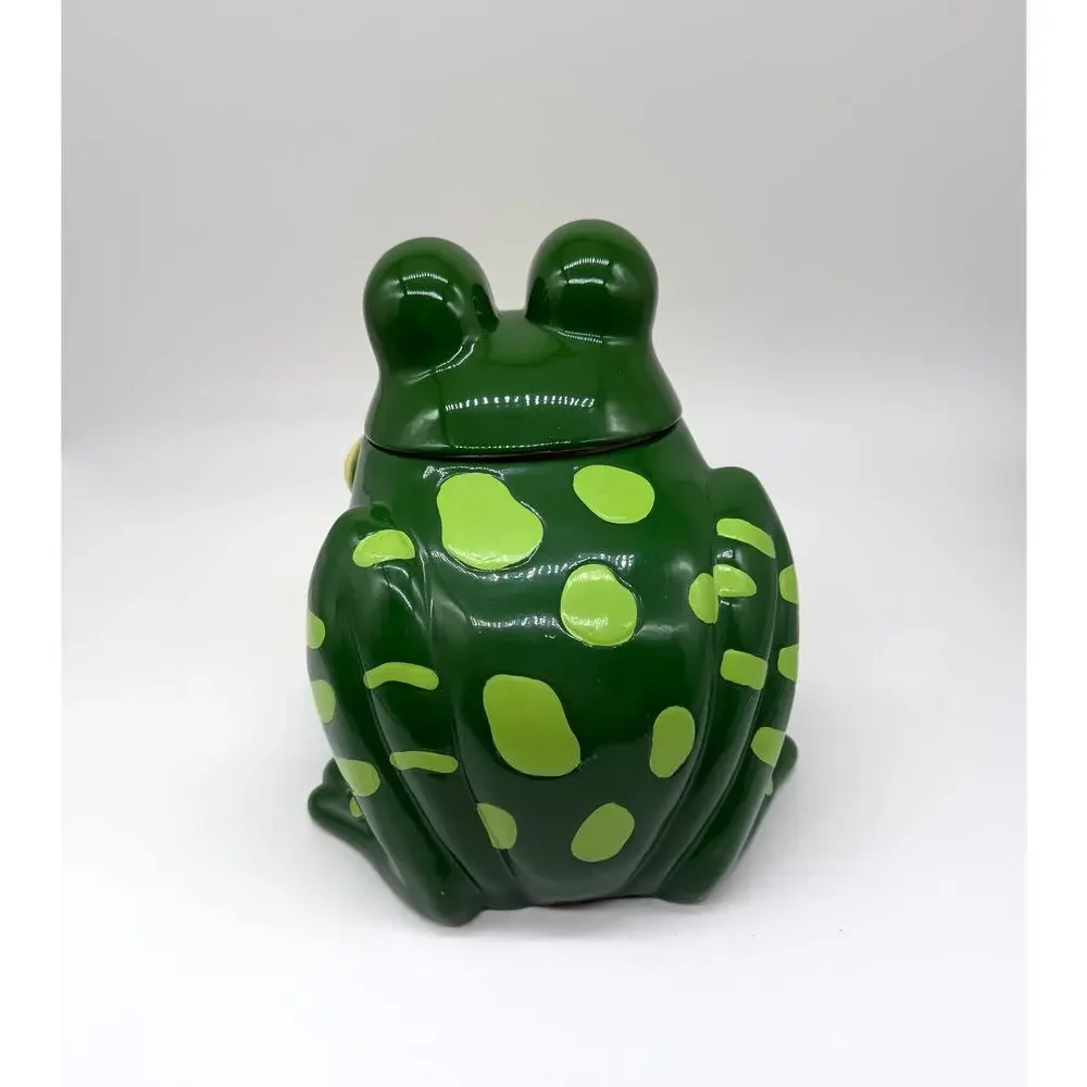Large Green Frog Ceramic Cookie Jar Big Eyes Lidded Kitchen Canister 11